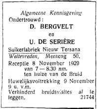 1929  Ondertrouw Dirk Hermanus Maarten Bergvelt en Pierrine Cecile Angelique de Seriere  